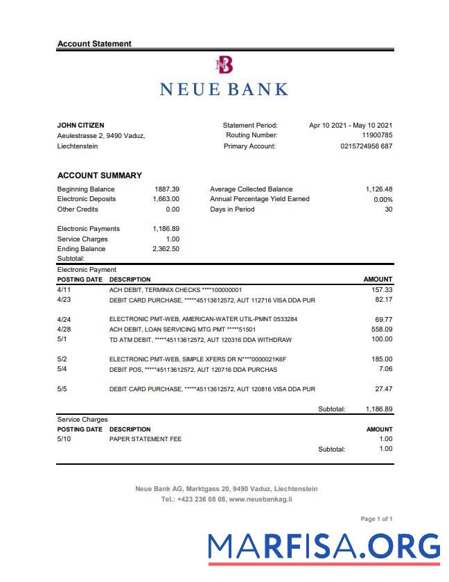 Realistic Liechtenstein Neue Bank AG bank statement excel sample